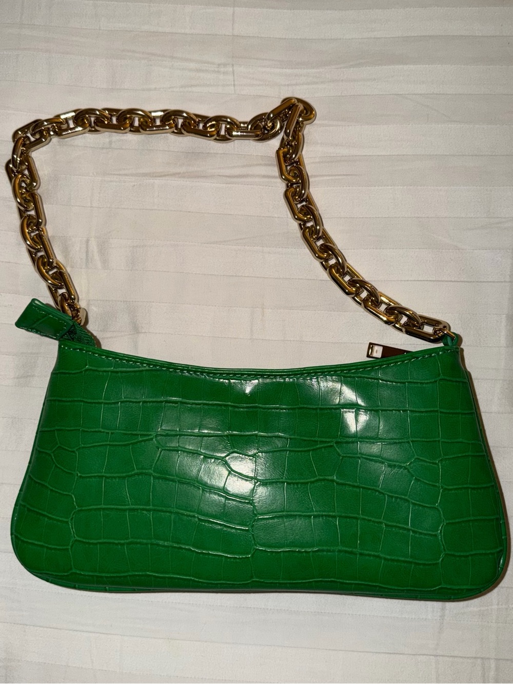 Zara Emerald Croc-Embossed Shoulder Bag with Gold Chain Strap